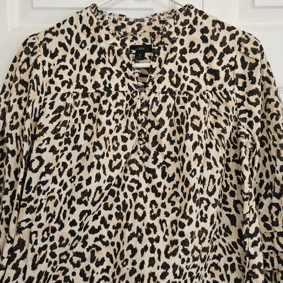 J. Crew Button Front Ruffleneck Popover Shirt XS Leopard Business Mobwife Cotton - Picture 3 of 7